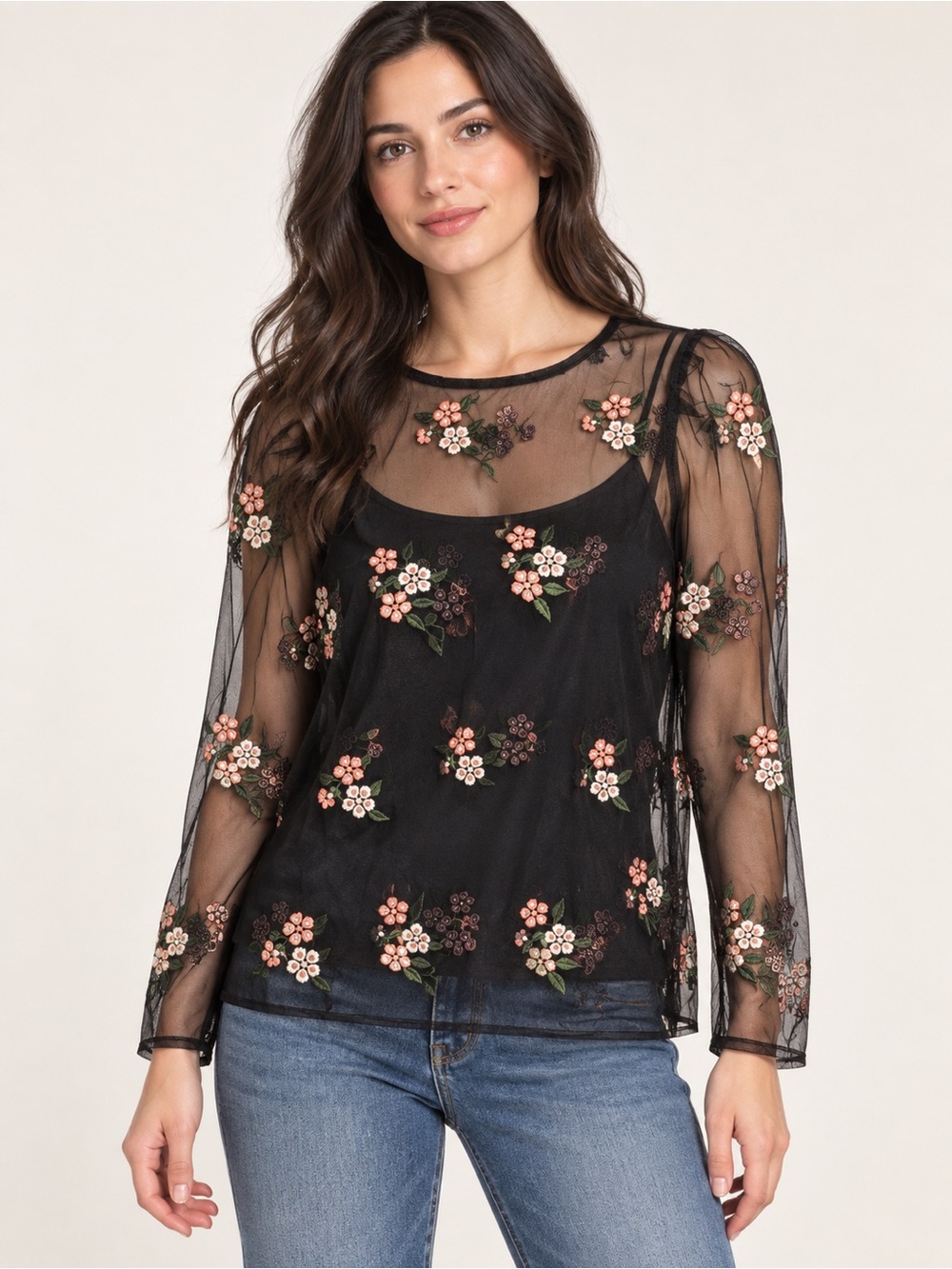 Who Wore What Black Sheer Floral Embroidered Long-Sleeve Top